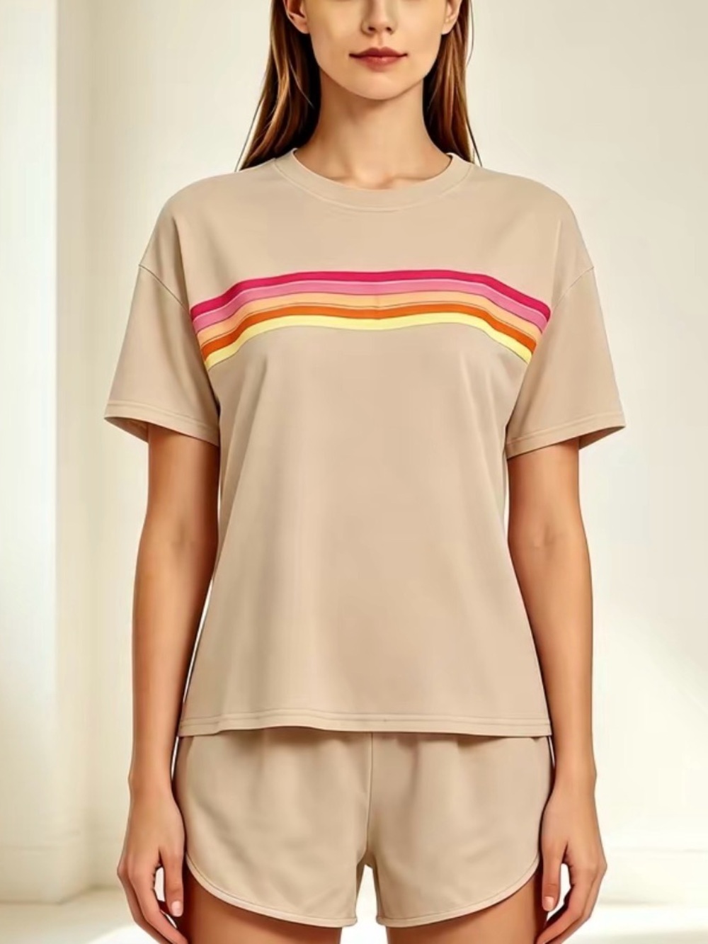 Women’s Beige Short Sleeve Matching Set with Pink, Orange & Yellow Stripes